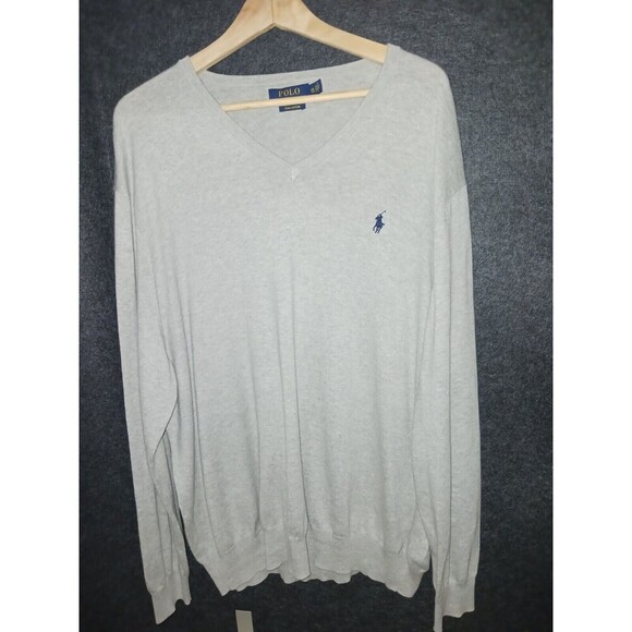 Polo Ralph Lauren Jumper XXL Grey Embroidered Pony V Neck Pima Cotton‎ Mens - Picture 1 of 10